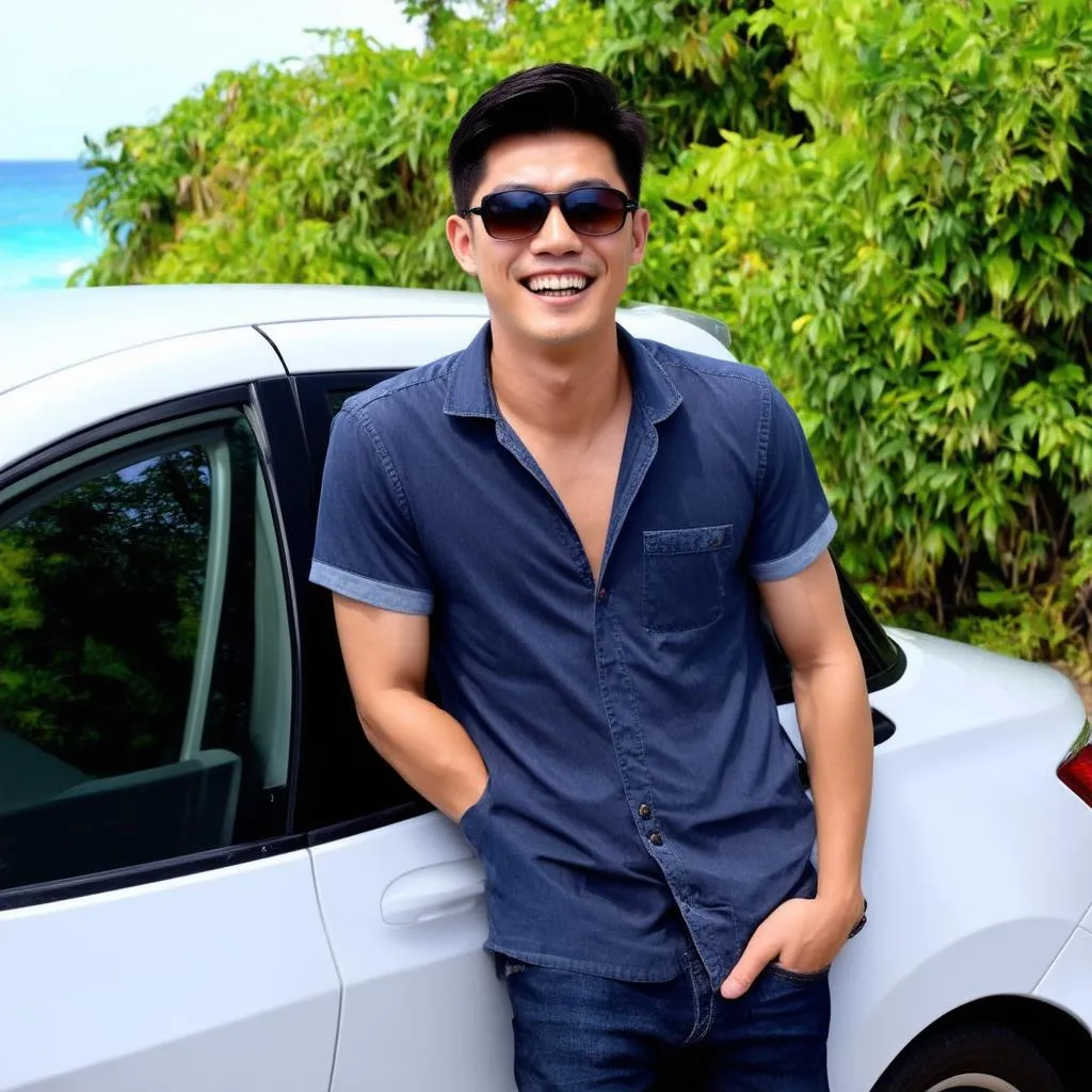 Vietnamese man smiling, wearing sunglasses, leaning against a car